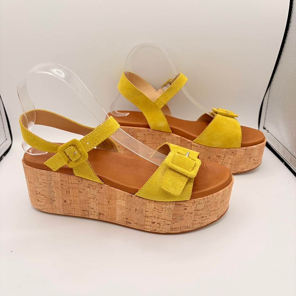 Lottini Platform Wedge Sandals 40 Boho Yellow Suede Cork Made in Italy 21217